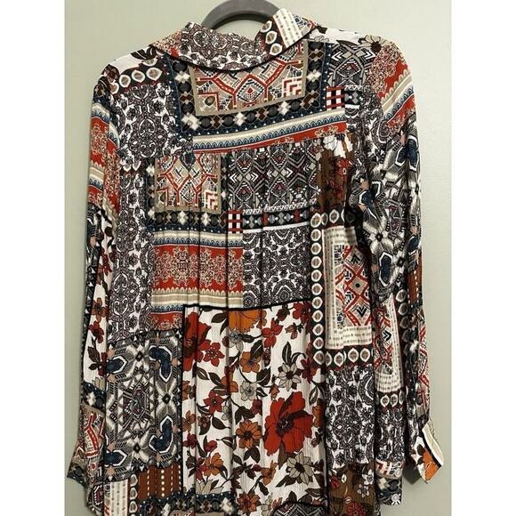 Boho Floral Geometric Quilt Square Pattern Long Sleeve Button-Down Shirt Kimono - Picture 11 of 16